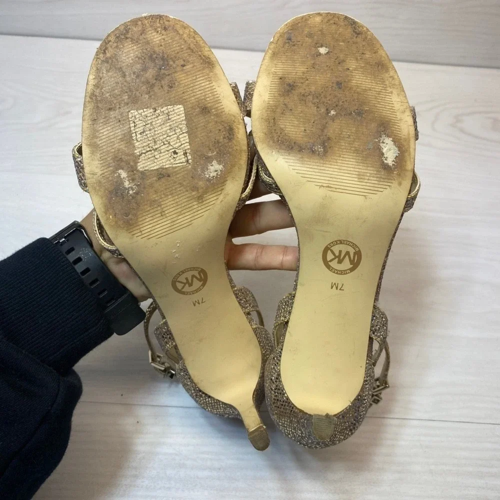 Michael Kors Womens 7M Sandal Heel Glitter Gold Wedding Evening Ankle Strap